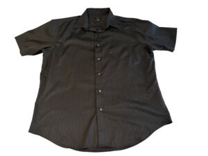 Van‎ Heusen Dress Shirt Mens L 16–16.5 Black Gray Stripe Button Up Short Sleeve